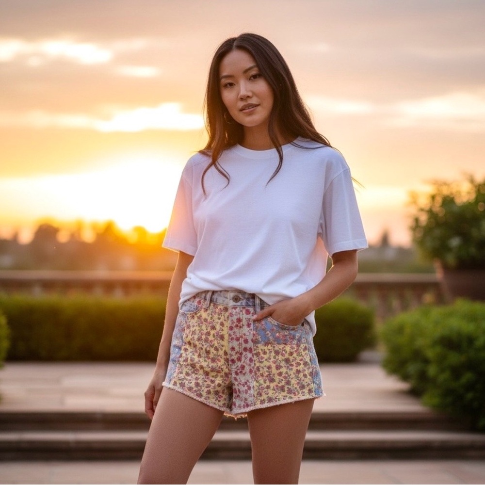 Farm Rio Anthropologie Floral Patchwork Denim Shorts